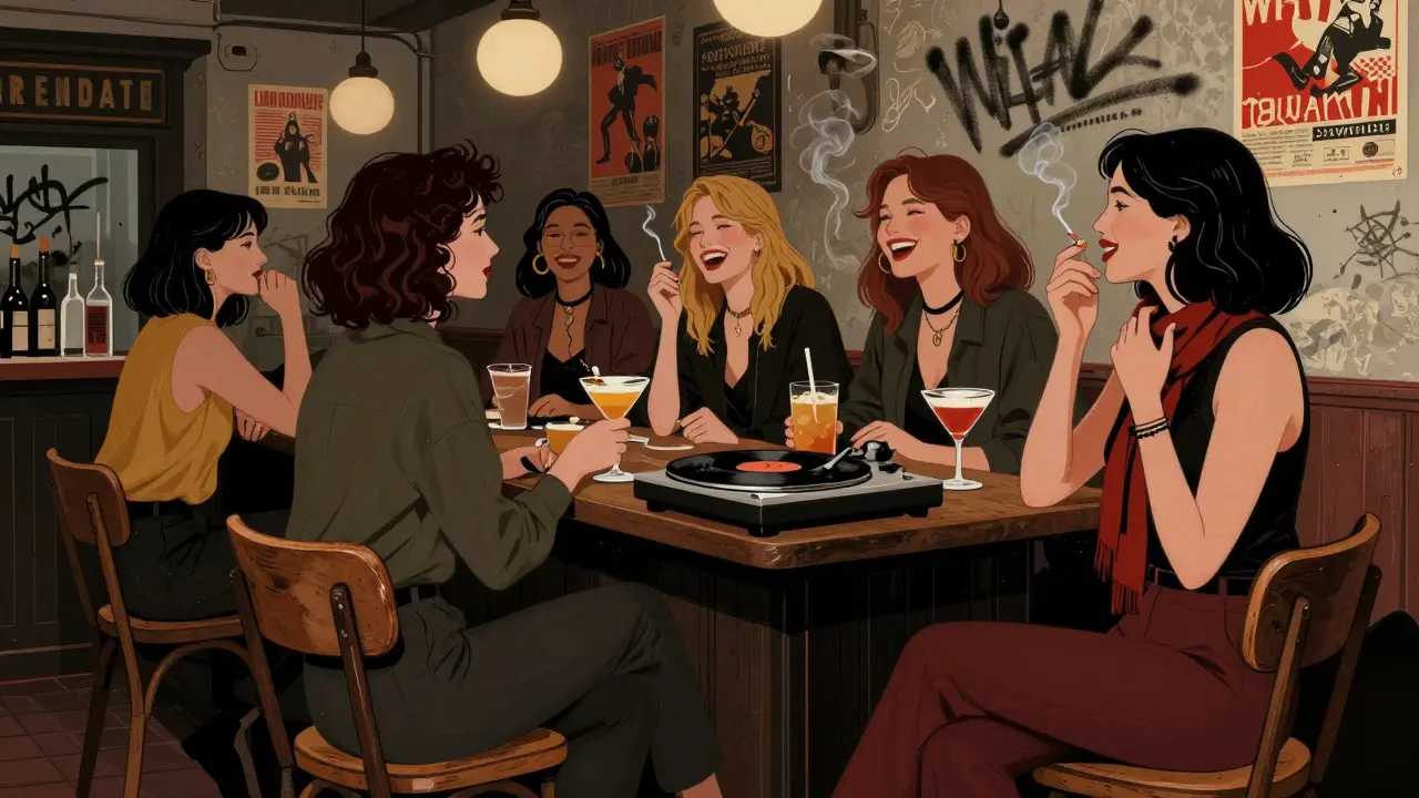 Friends laugh in a cozy, dim bar with vinyl records and cigarette smoke curling in the air.