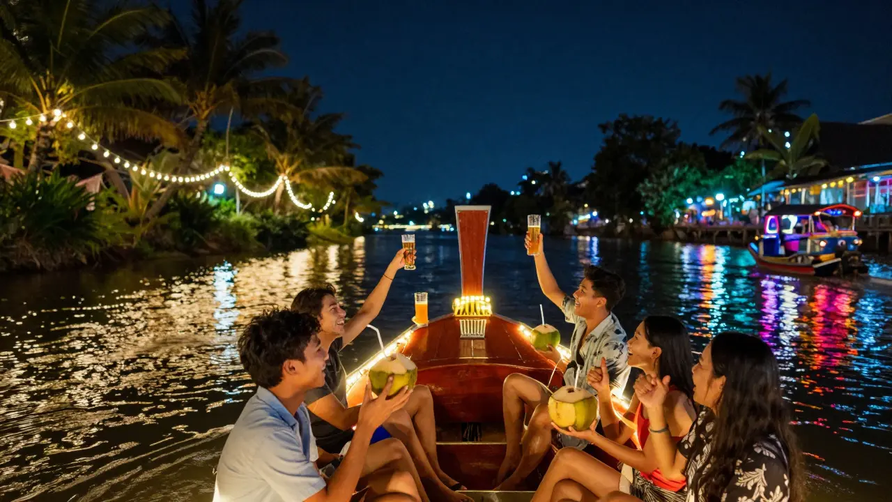Friends on a neon-lit boat party along a river in Thailand at night.
