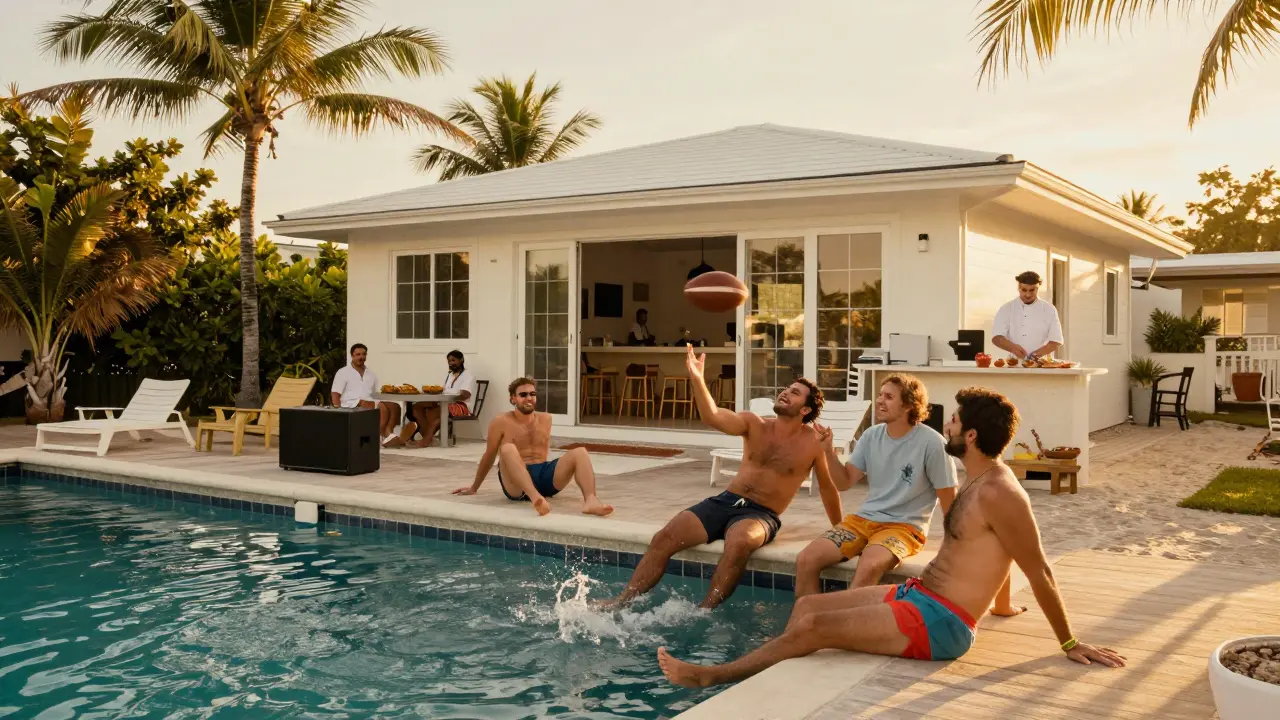 Friends relaxing at a beach house dock at sunset, playing with a football near the water.