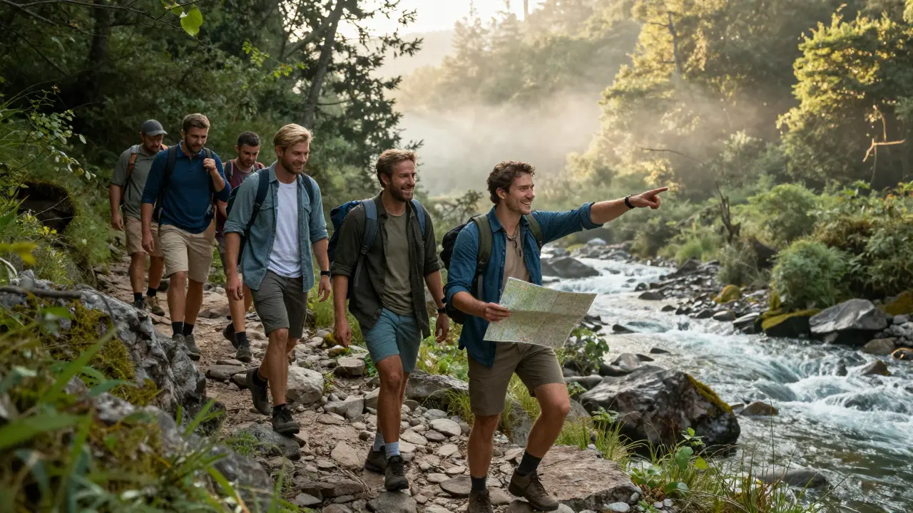 Group of men hiking together at sunrise along a forest trail with a river below.