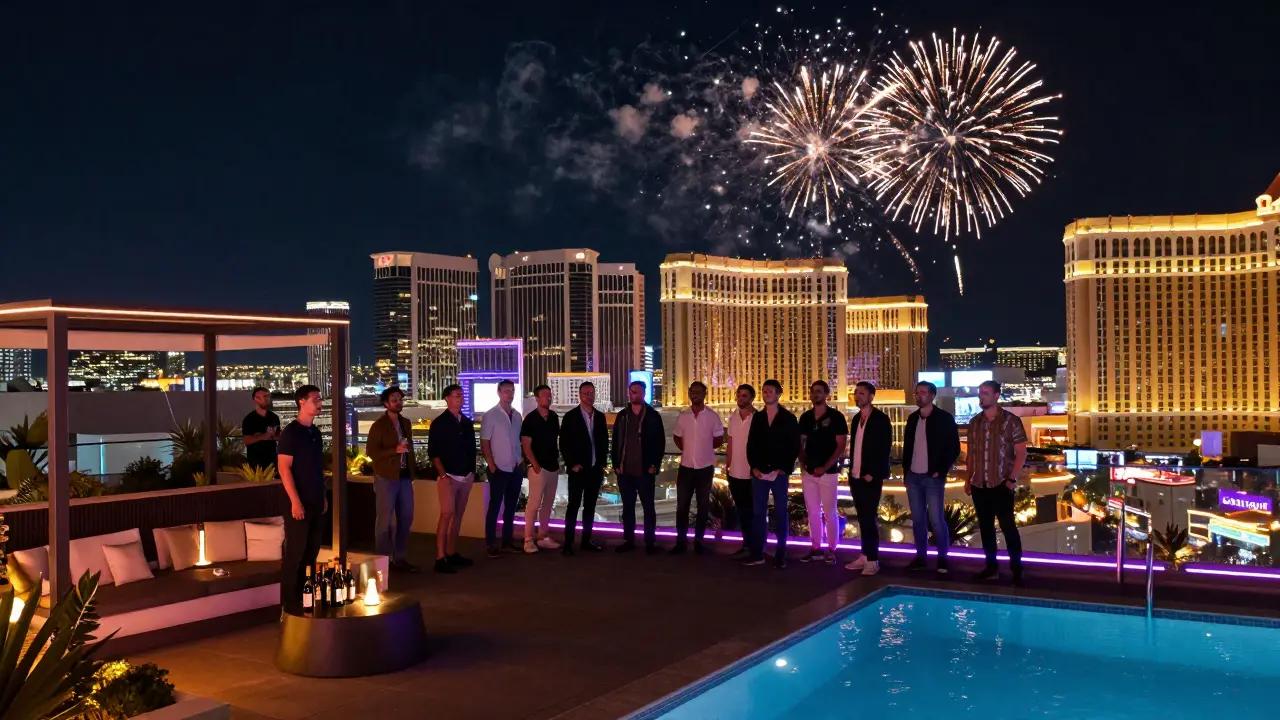Group on a luxury rooftop terrace in Las Vegas with city lights and fireworks in the night sky.