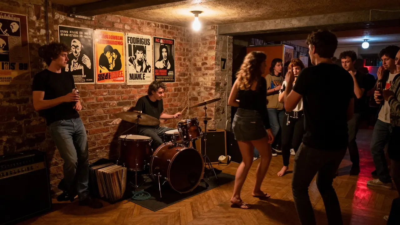 Intimate basement venue with live drumming, vinyl records, and a cozy crowd dancing under warm light.