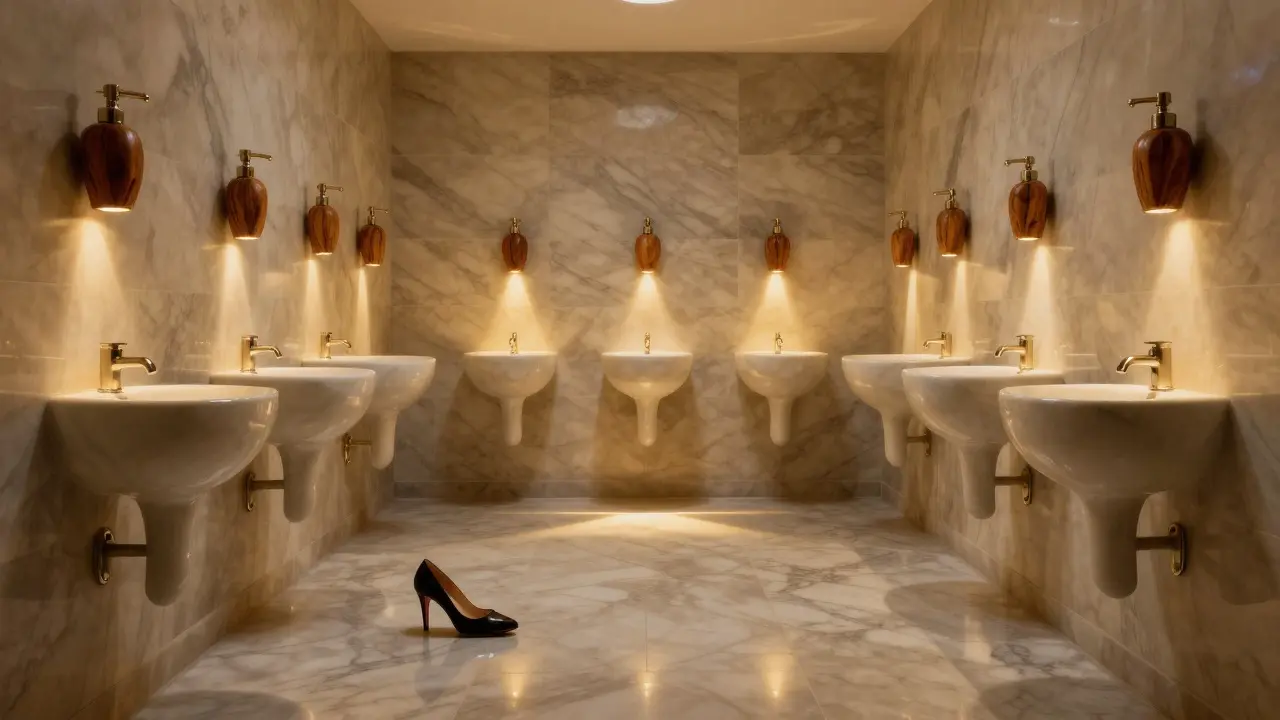Luxurious restroom at Pacha Munich with marble floors and ambient lighting, no people, serene and artistic atmosphere.