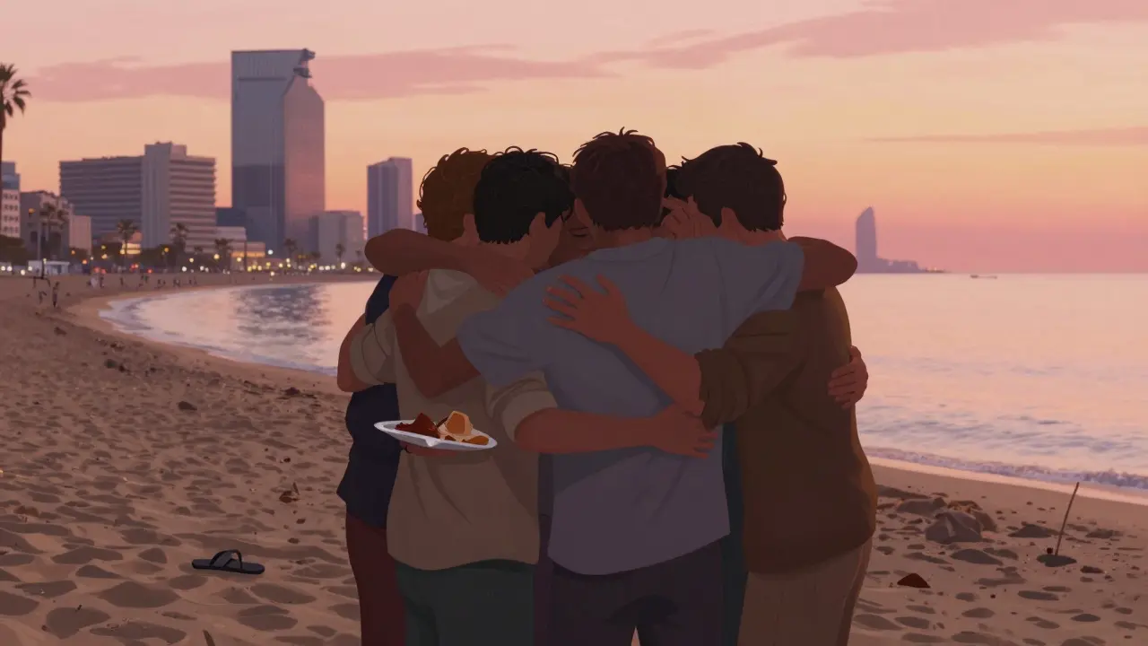 Men hugging on a beach at sunrise in Barcelona, holding leftover food, city glowing behind them.