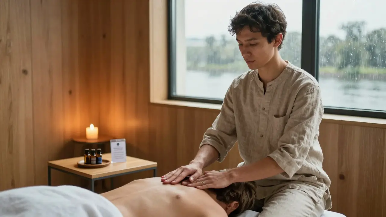 Non-binary wellness provider offering gentle touch in a candlelit room with health certification visible.