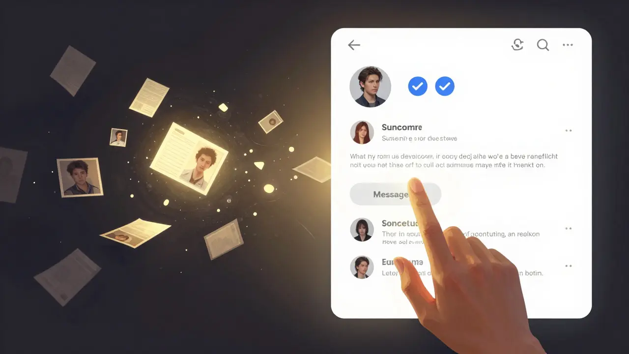 Split-screen illustration: chaotic fake escort ads on one side, clean verified profile on the other.