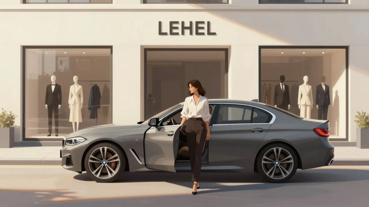 Stylish woman exiting a BMW in Lehel surrounded by designer boutiques.
