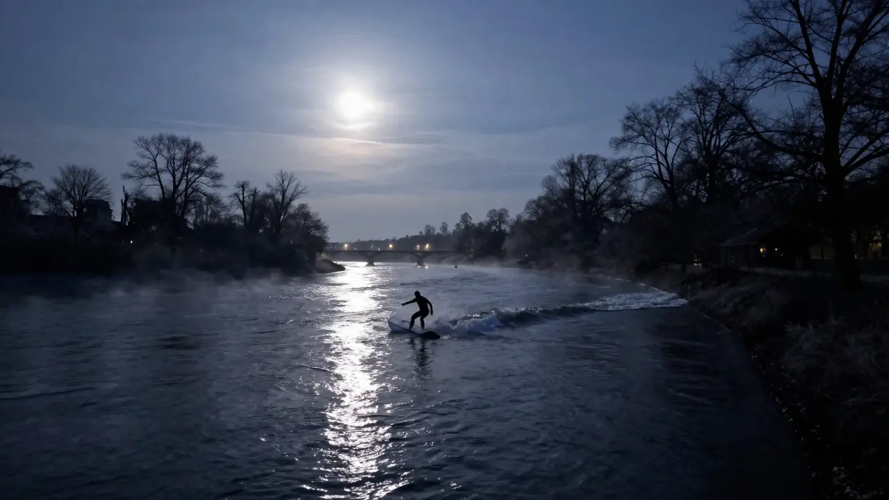 Surfers riding a moonlit wave on the Isar River, city lights glowing softly in the distance.