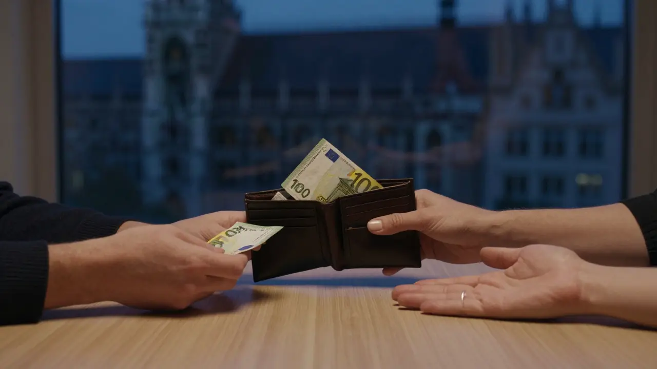 Three hands exchanging cash calmly, one open palm resting on the table, symbolizing mutual respect.