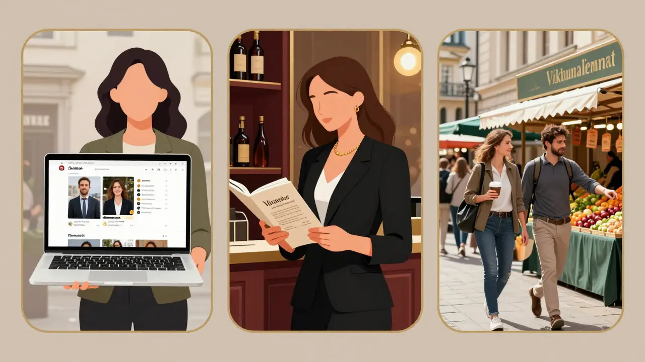 Three profiles of Munich escorts: independent, luxury, and daytime companion, each representing different services with subtle symbolic framing.