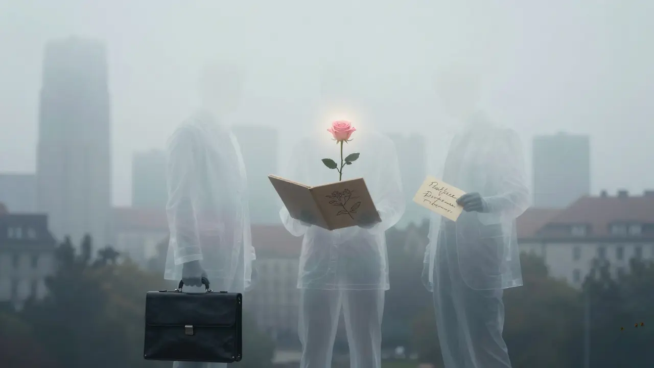 Three translucent figures representing different secret ladies, with a glowing rose between them.