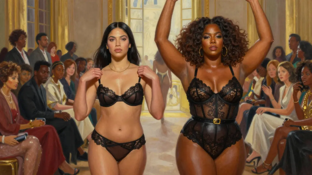 Two curvy models standing proudly on a grand catwalk, one in lingerie, the other raising her arms, golden light surrounding them.