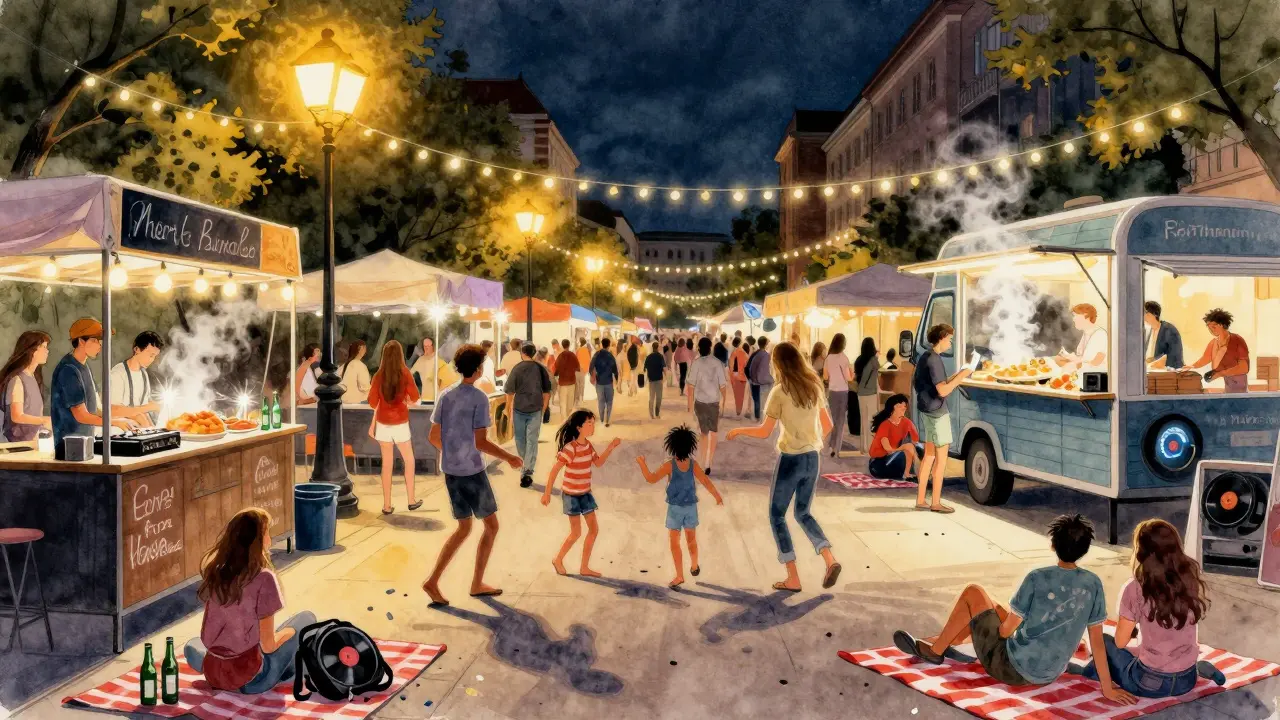 Vibrant street party in Haidhausen with pop-up bars, dancing crowds, and DJs spinning from backpacks.