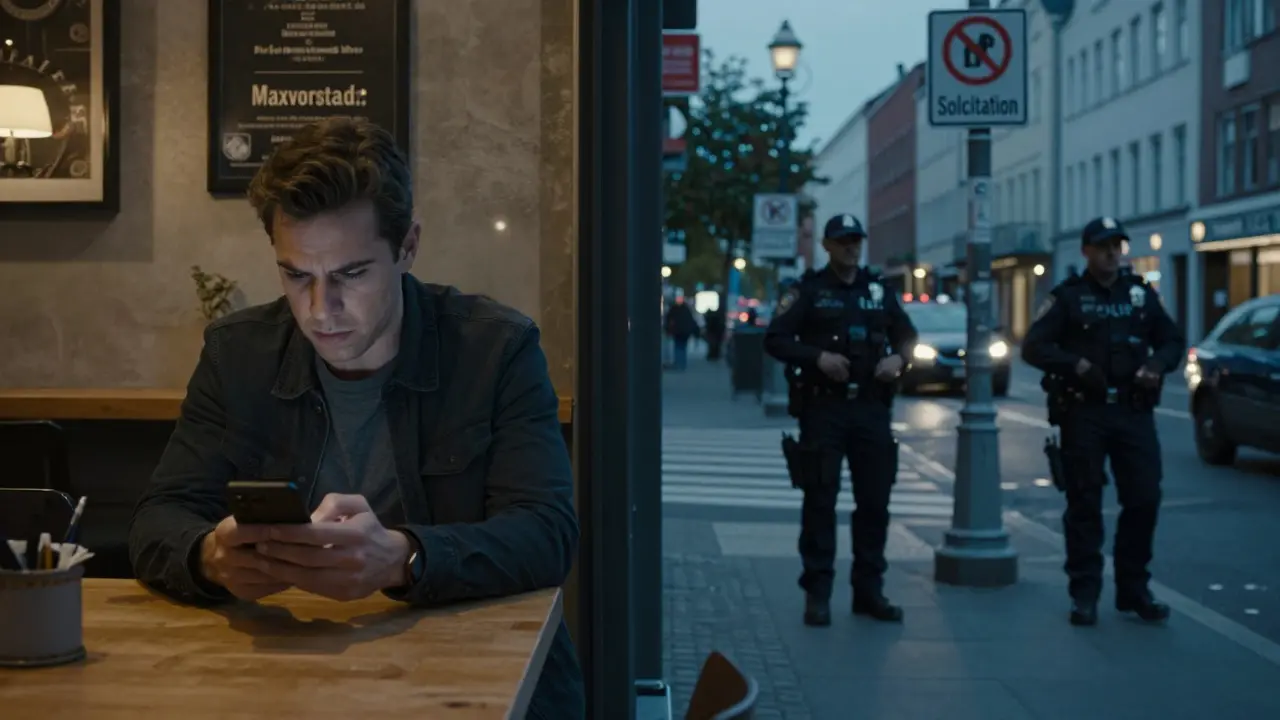 A client texts in a Munich café while police patrol nearby, highlighting legal boundaries for escort services.