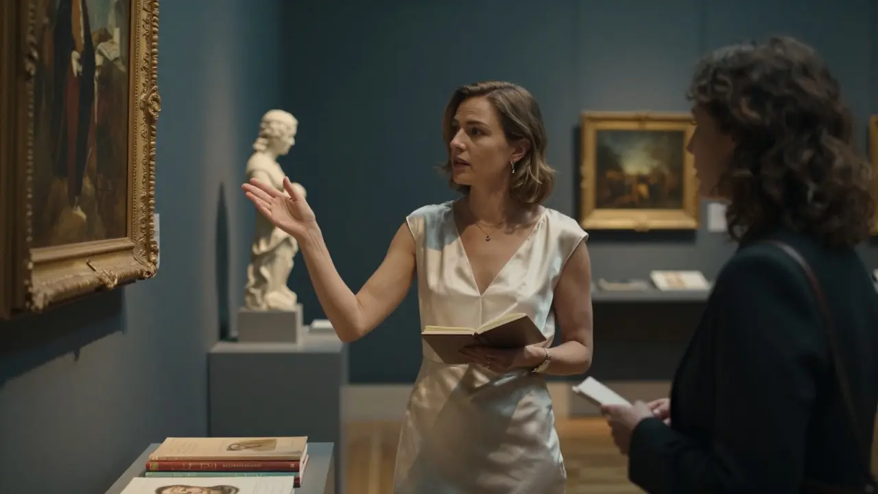 A cultured woman explaining art to a client in a Munich museum, surrounded by exhibits.