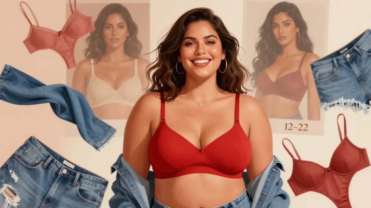 A curvy woman in red lingerie surrounded by fabric swatches in sizes 12-22, no text or logos.