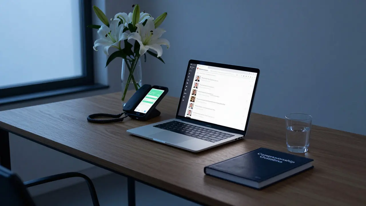 A discreet upscale escort agency office with encrypted messaging and professional details.