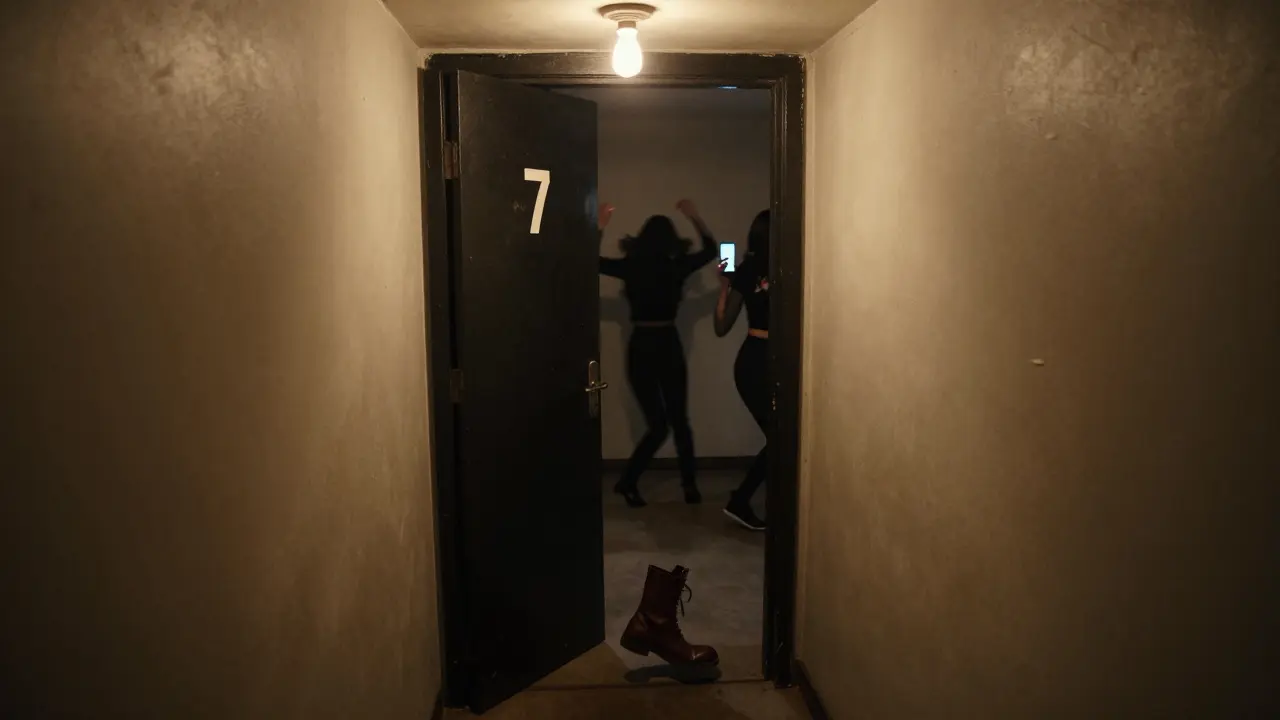 A hidden door to an underground club, no signs, just shadowy dancers inside.