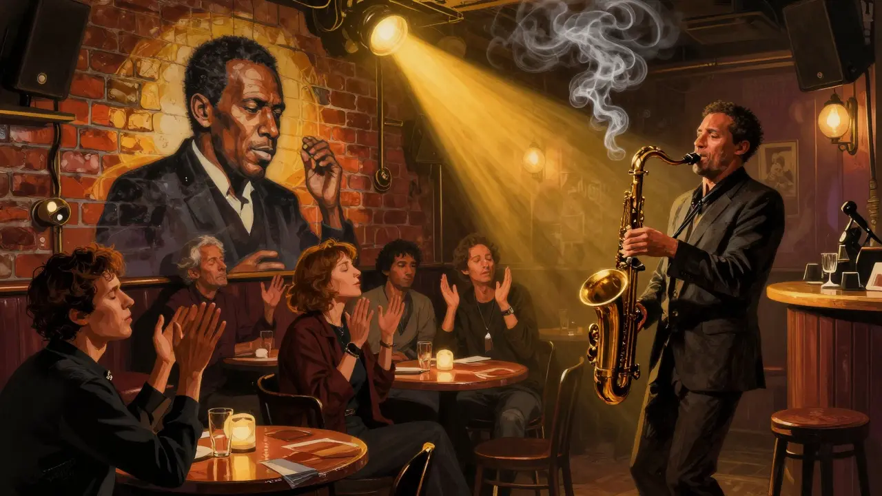 A jazz club in Munich with a saxophonist playing under golden lights, patrons lost in the music.