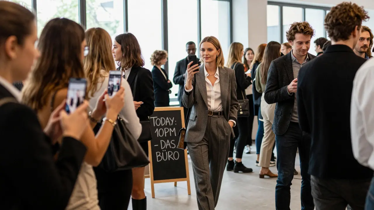A model walking through a crowd at a Munich event, guests taking photos with phones, refined atmosphere and elegant attire under natural daylight.