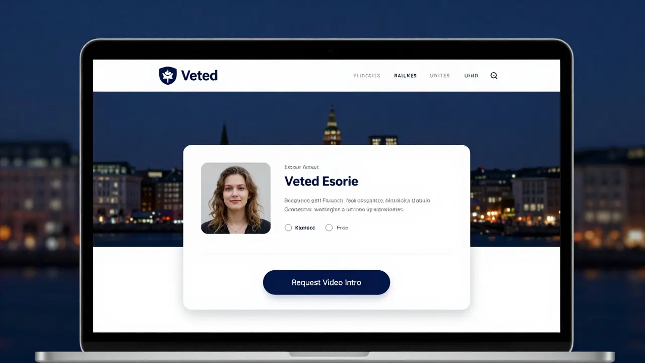 A secure escort service website profile on a laptop showing detailed bio and video intro option.