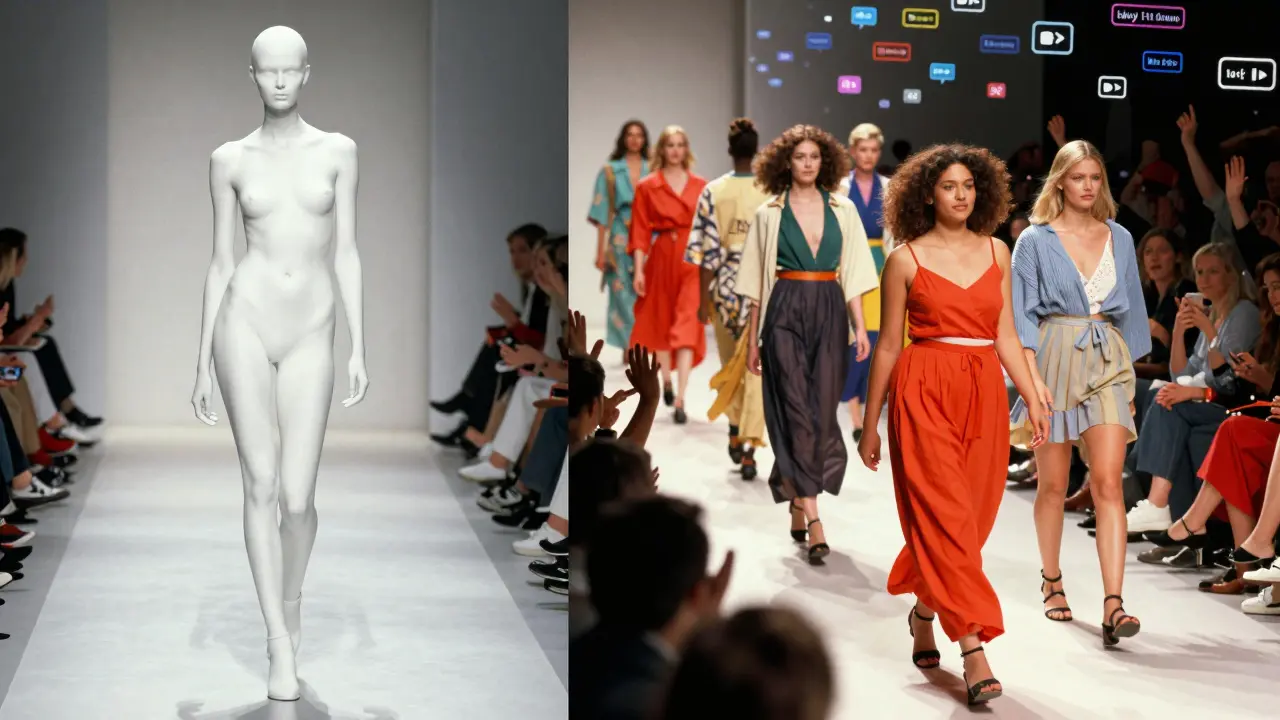 A split image contrasts 1990s uniform runway models with today’s diverse, inclusive fashion show and cheering audience.