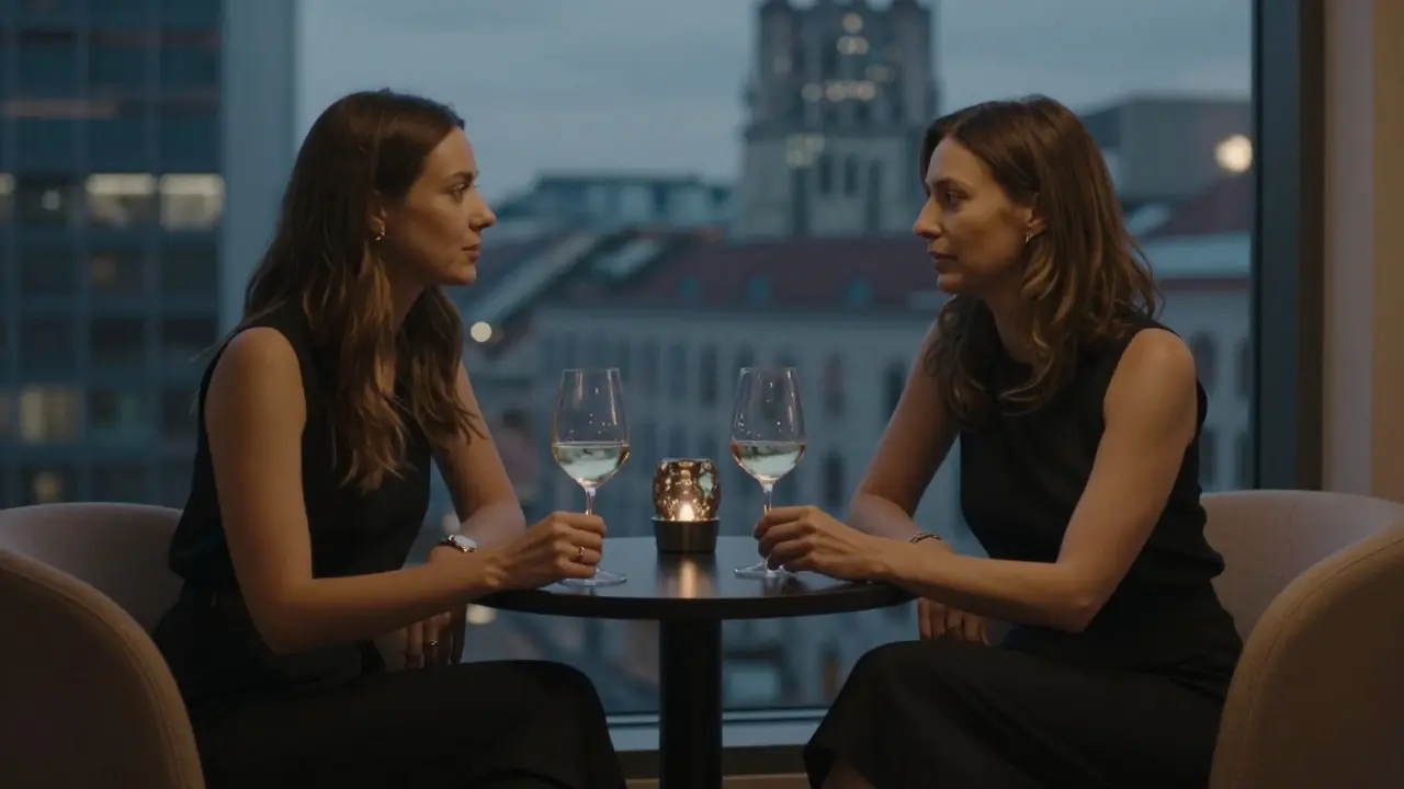 A UX designer and client share a quiet, meaningful conversation in a luxury hotel lounge, emphasizing emotional connection over physical interaction.