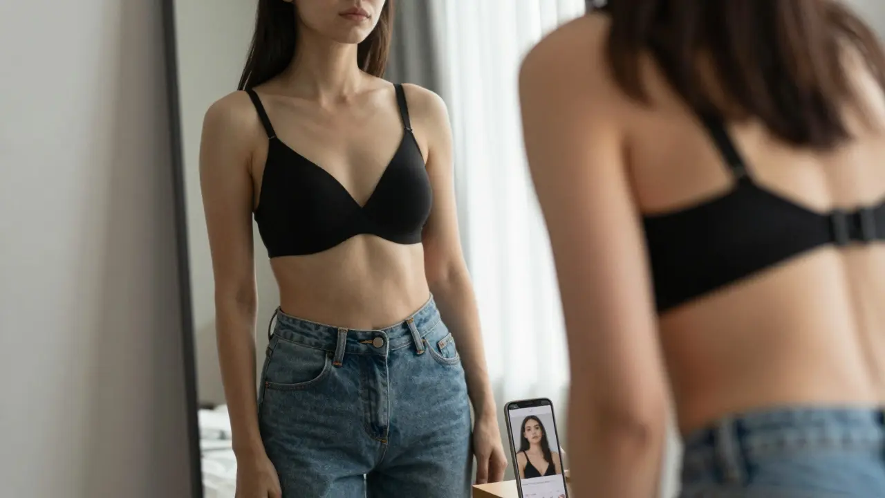 A woman gazing at her reflection in a mirror, embracing her natural curves with soft morning light.
