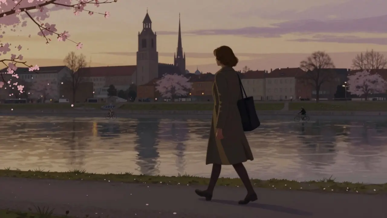 A woman walking along the Isar River at dusk, cherry blossoms floating on the water, Munich skyline in the distance.