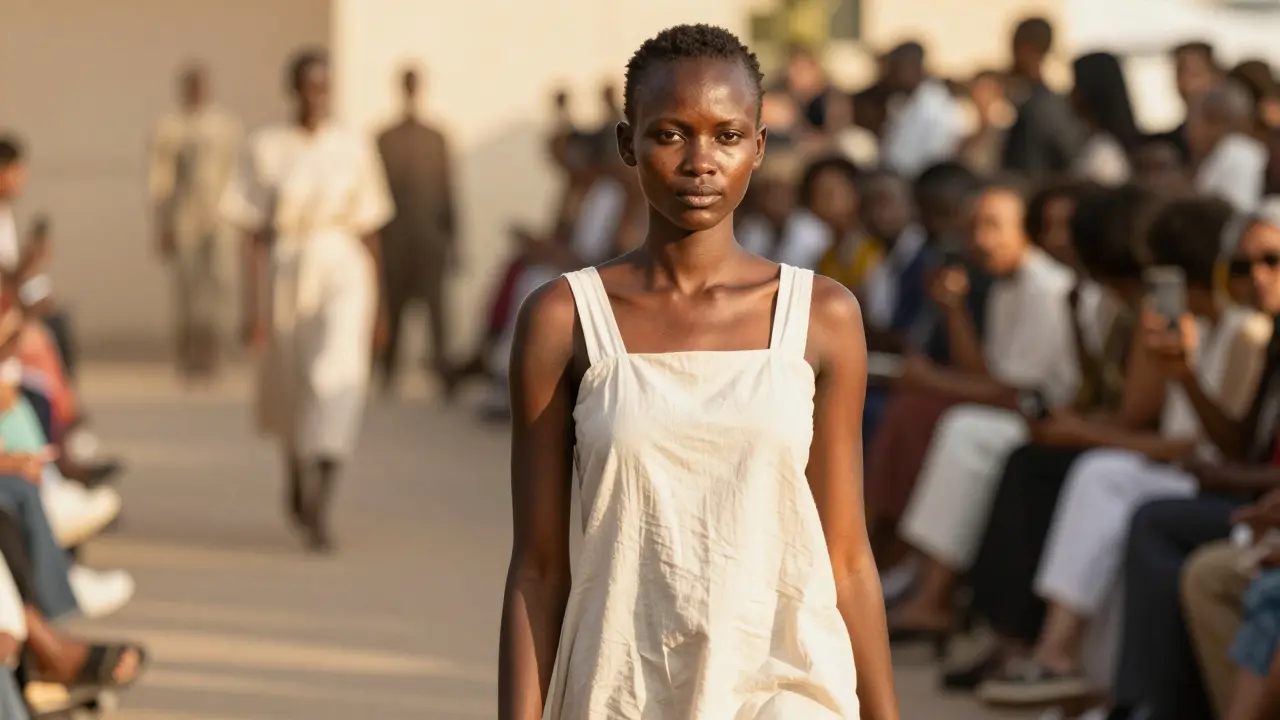 Adut Akech standing confidently on a sunlit runway, natural skin and calm strength radiating in authentic, unfiltered beauty.