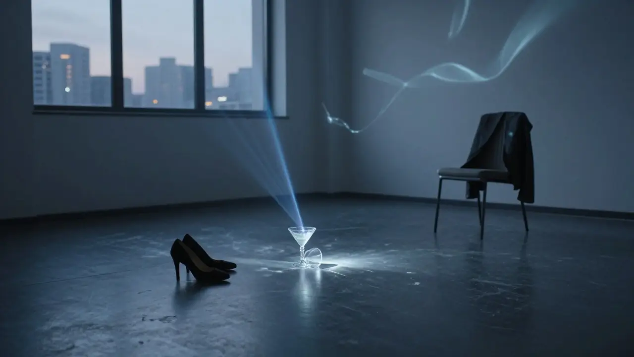 An empty nightclub floor at dawn, with a spilled drink and abandoned shoes under fading laser lights.