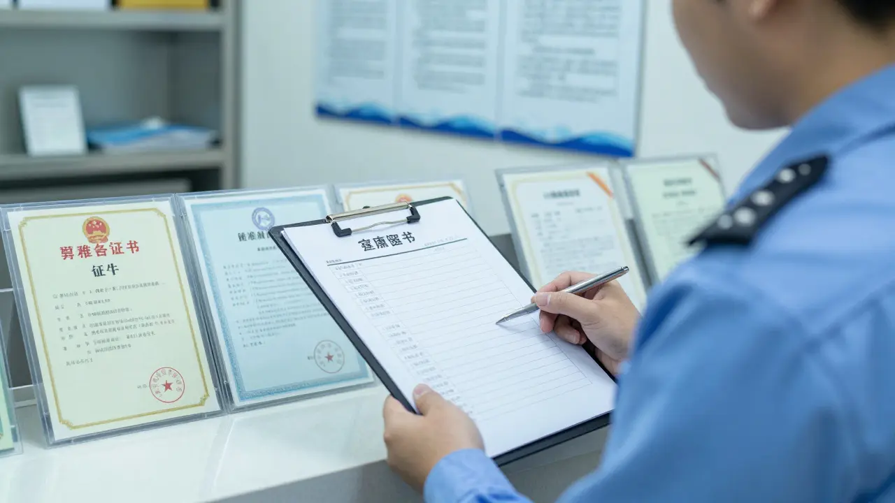 City inspector reviewing health records in licensed brothel lobby