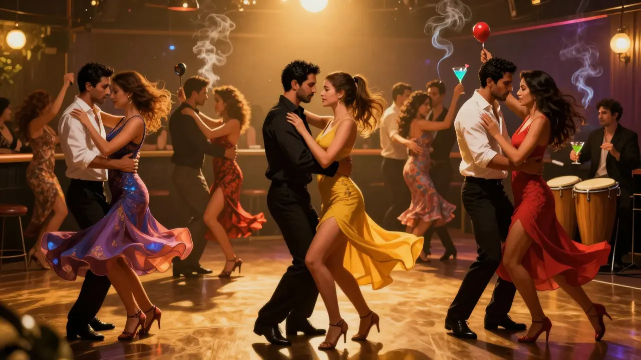 Couples dancing salsa in a lively Latin nightclub with glowing drinks and warm golden lighting.