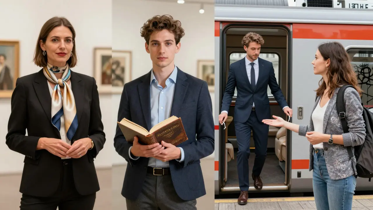 Four distinct Munich escort profiles: art gallery companion, book enthusiast, travel companion, and art tour guide, each portrayed with professional elegance.