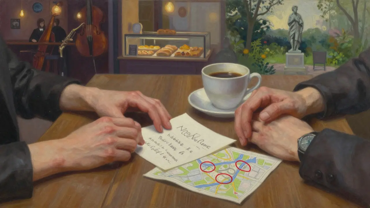 Hands on a table with a handwritten map of Munich's secret spots and a coffee cup.