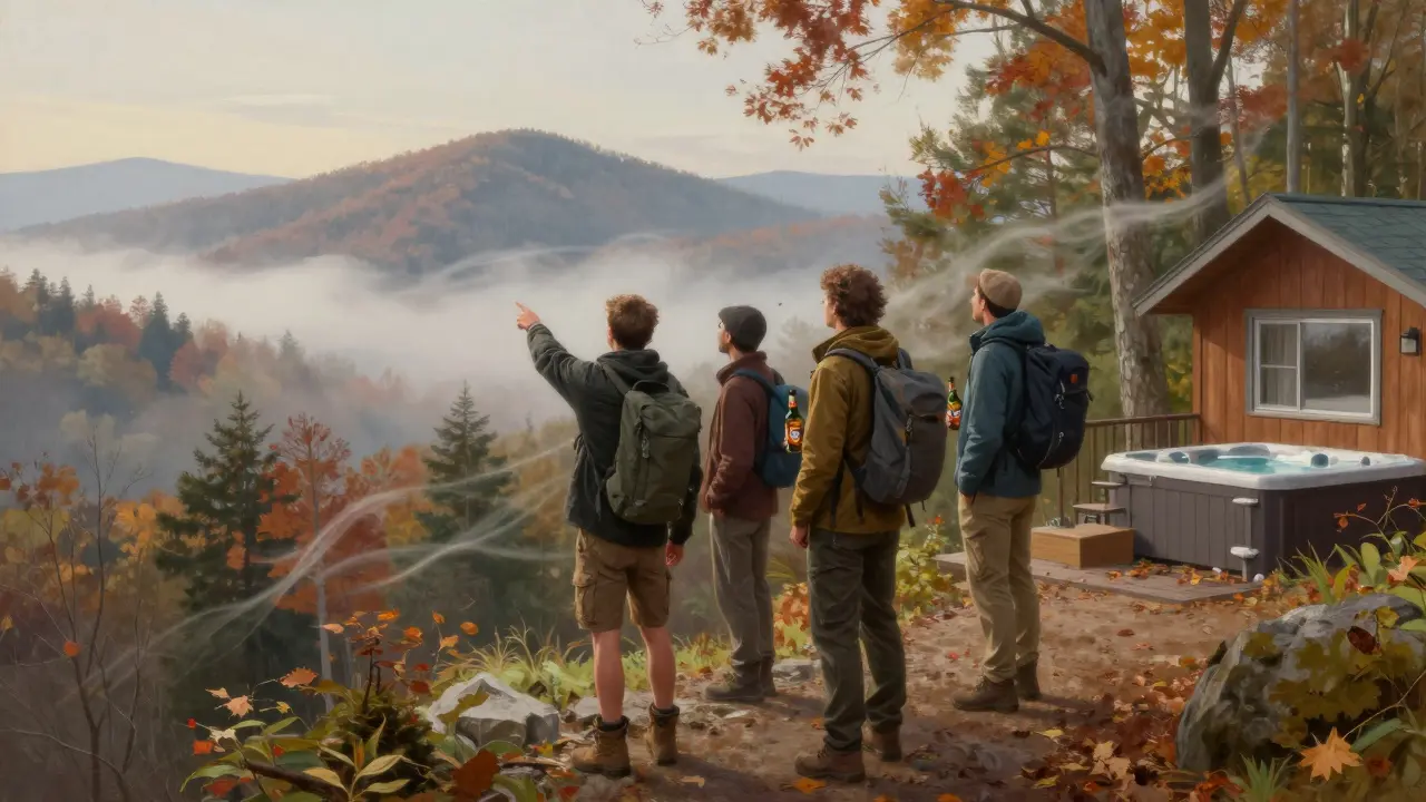 Hikers on a mountain trail in Asheville, overlooking misty forests, holding craft beer bottles at dawn.
