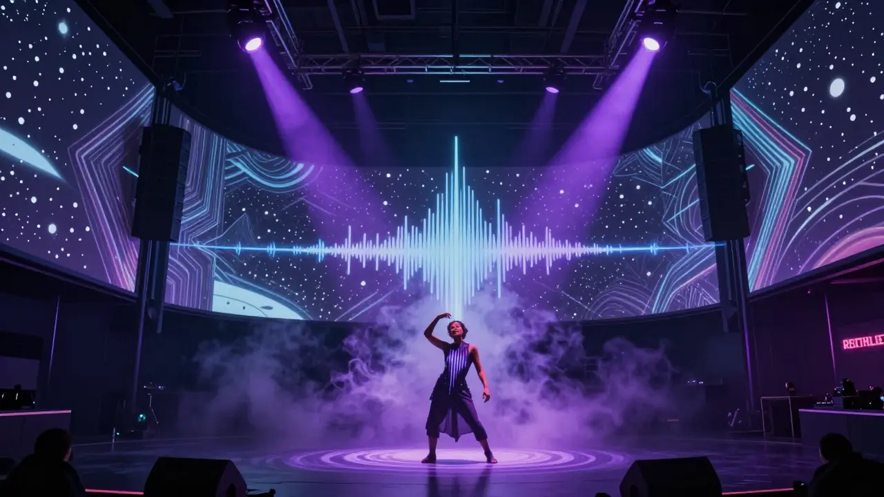 Immersive club Reithalle with projection-mapped walls and a dancer feeling deep bass vibrations in a dark, atmospheric space.