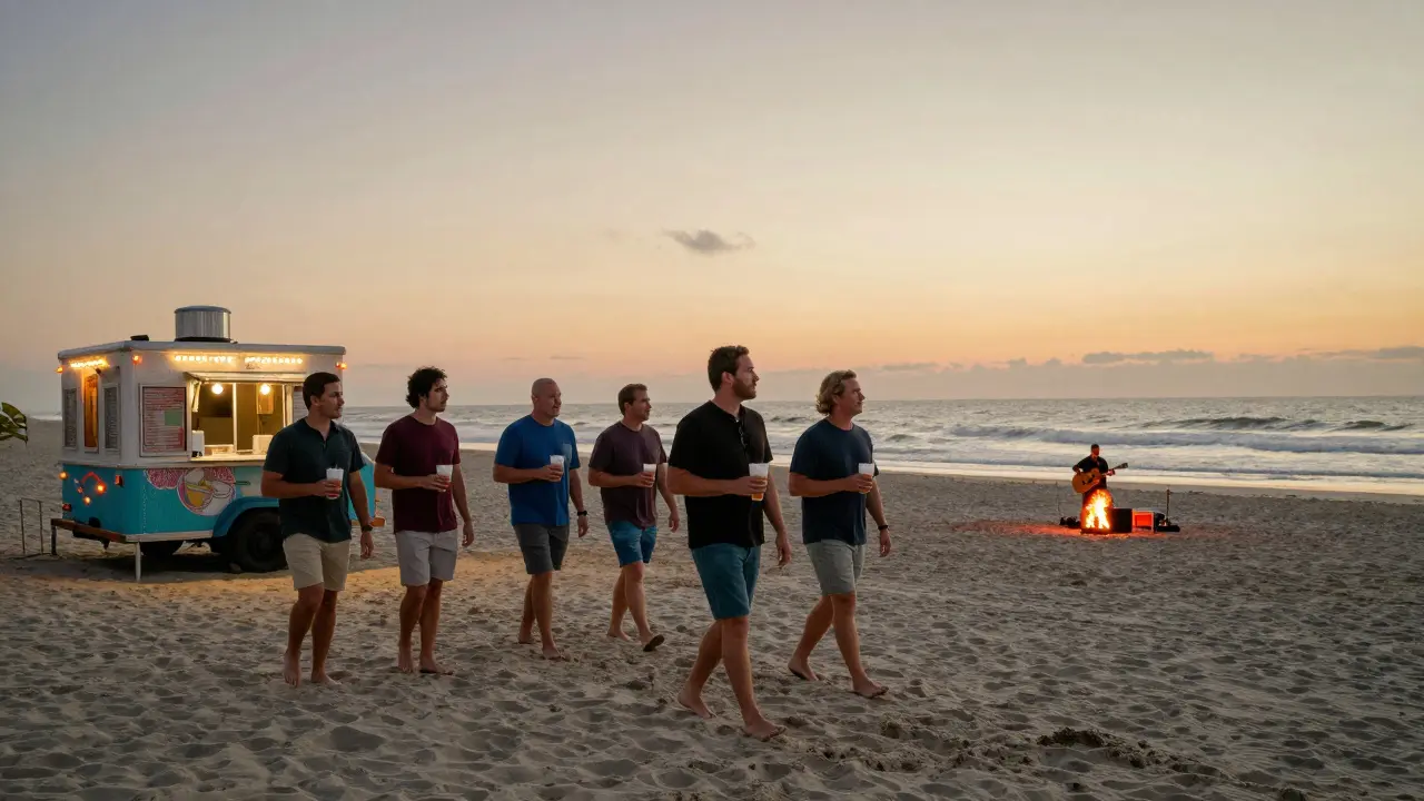 Men walking on a quiet beach at sunset, holding drinks, a taco truck and bonfire in the distance.