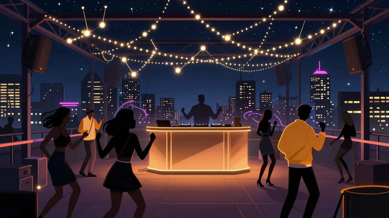 People dancing on a rooftop under string lights with a glowing city skyline behind.