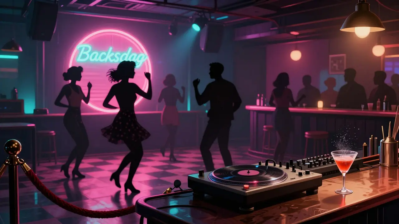 Retro neon-lit dance floor with silhouettes moving to soulful house music under velvet ropes.