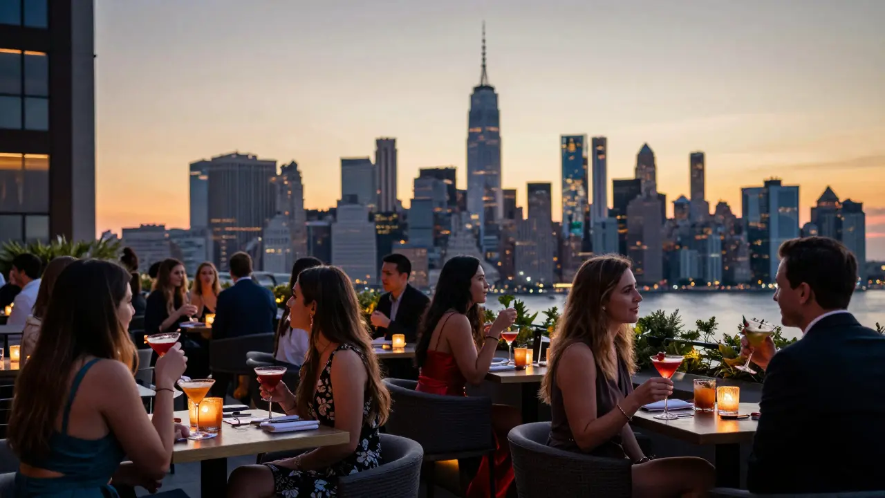 Rooftop bar with skyline views and guests enjoying cocktails at sunset