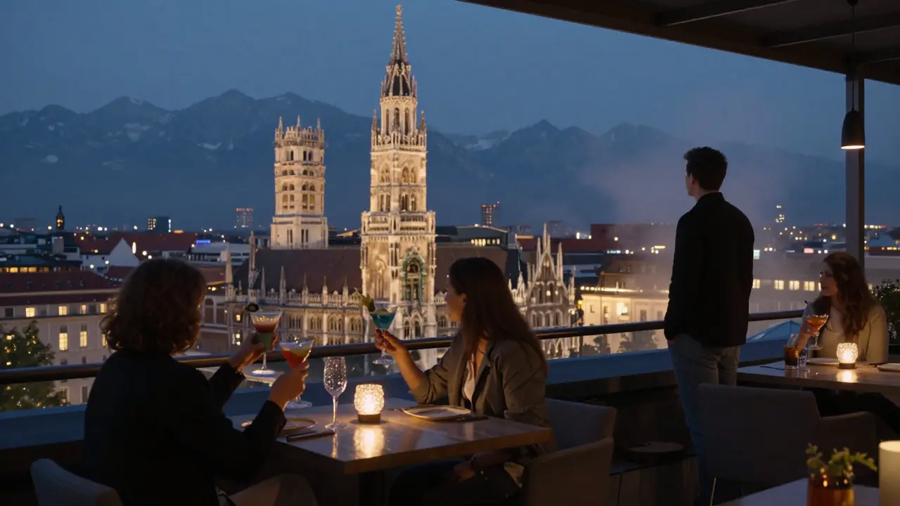 Rooftop lounge at night with city skyline and Alps visible, guests enjoying cocktails under soft lights.