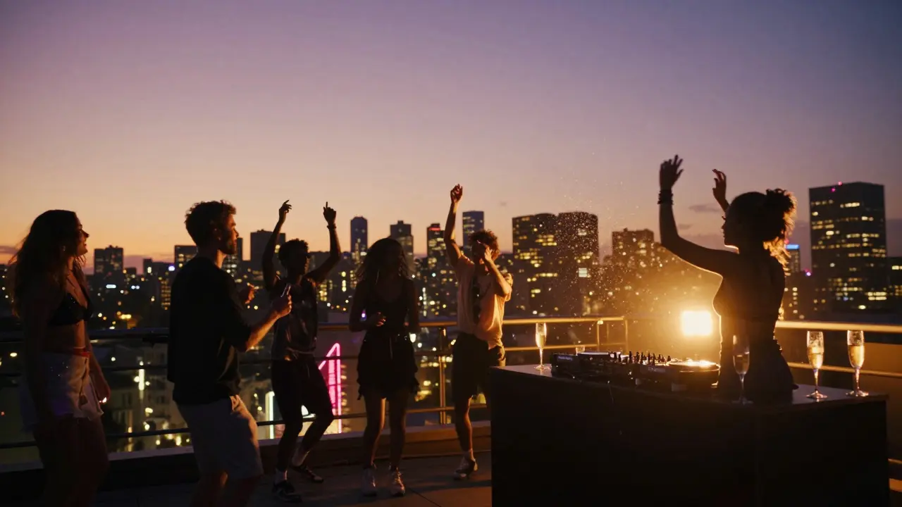 Silhouettes of dancers on a rooftop under a glowing city skyline at night.