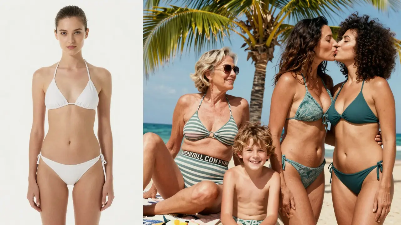 Split image: outdated airbrushed bikini ad vs. modern inclusive campaign with real bodies and authentic moments.
