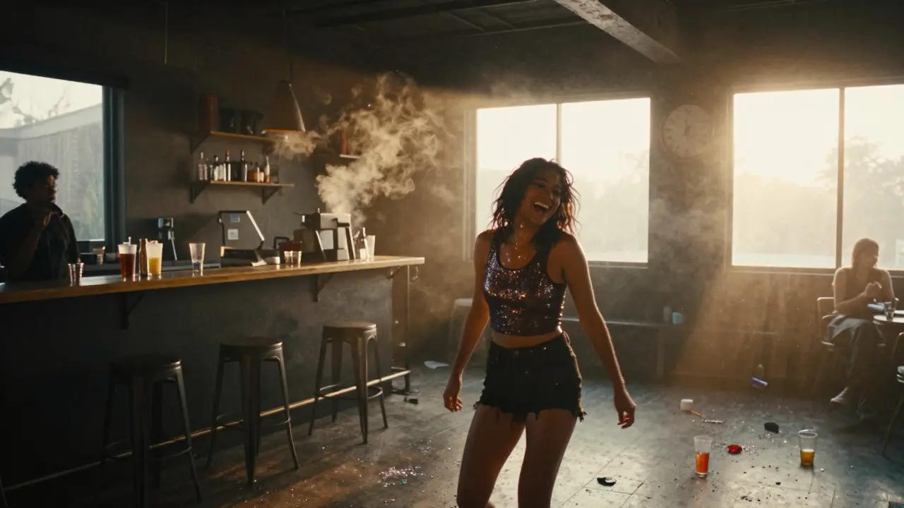 Sunrise in a 24-hour club, lone dancer laughing as coffee steam rises, glitter on floor, quiet after the party.