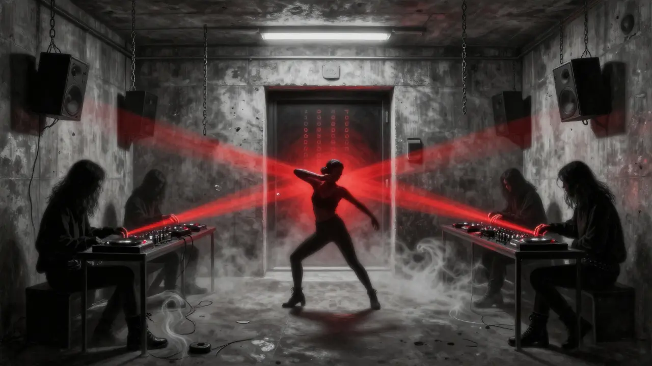 The hidden Vault basement at Pacha Munich with industrial decor and a lone dancer caught in a crimson strobe.