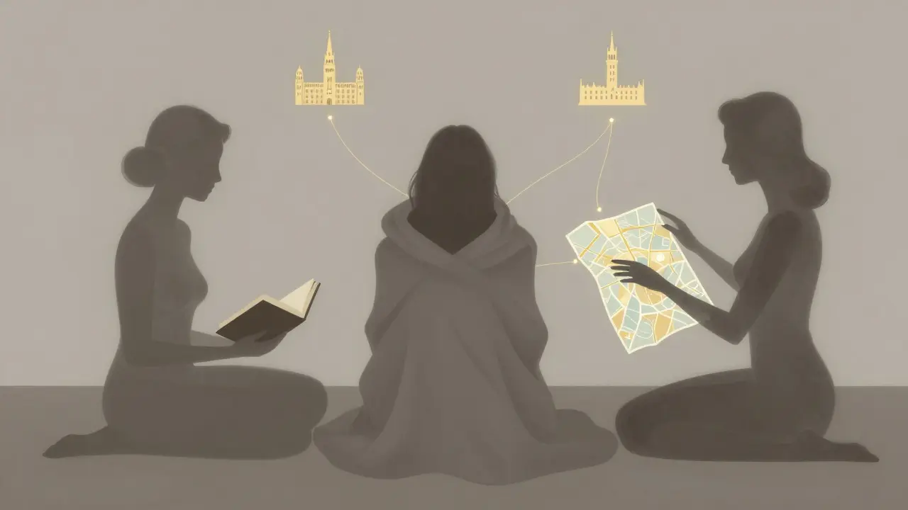 Three abstract silhouettes representing different companion types, connected by glowing lines to hidden Munich landmarks.