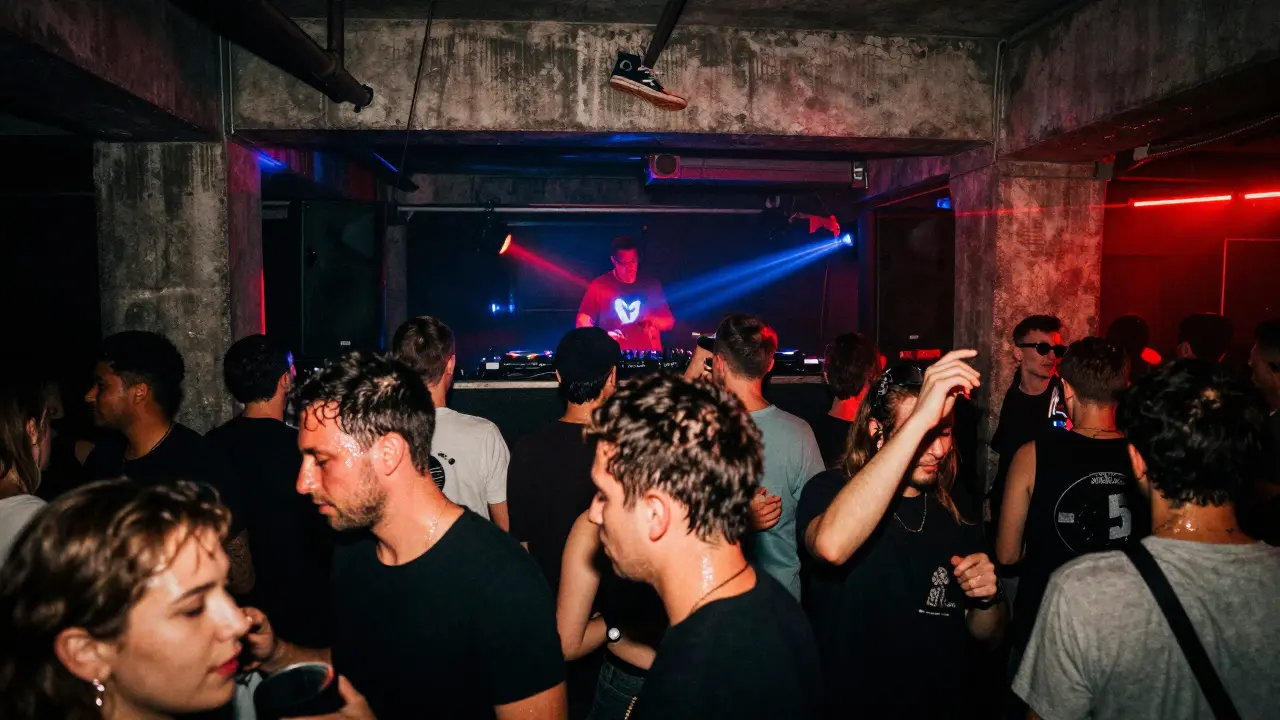 Underground techno club with strobing lights and dancing crowd, industrial setting, bass vibrating through the air.