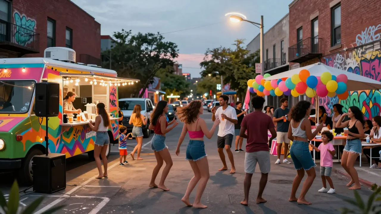 Vibrant street party with food trucks, dancing crowd, and colorful string lights.