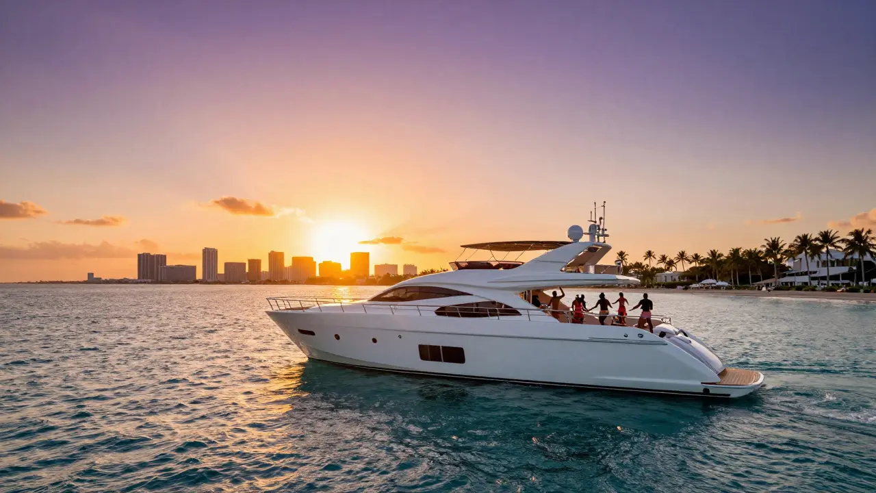 Yacht party at sunset with South Beach skyline